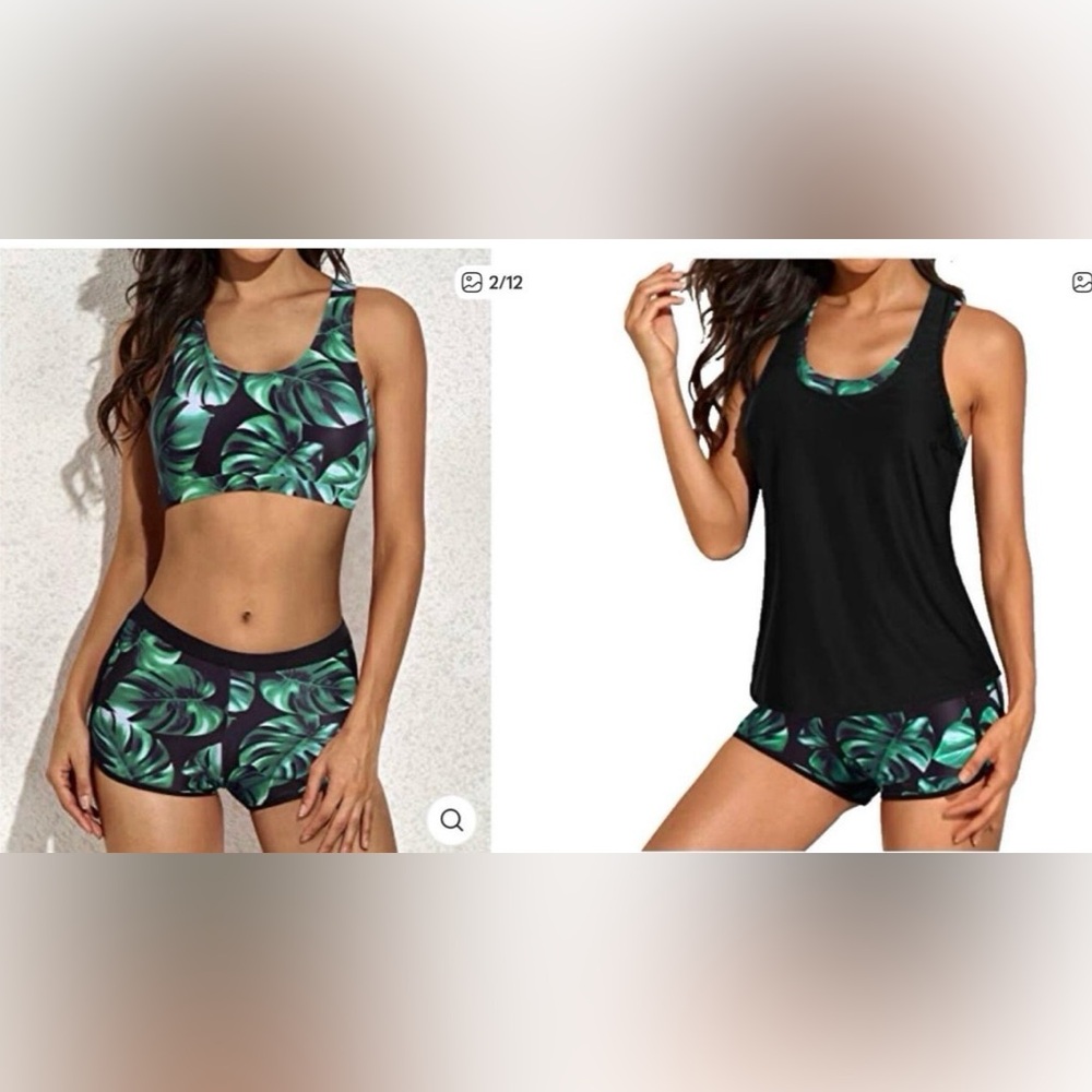 Yonique Boyshort Cage Back 3 Piece Bikini Swimsuit Shorts Tankini Top Large L